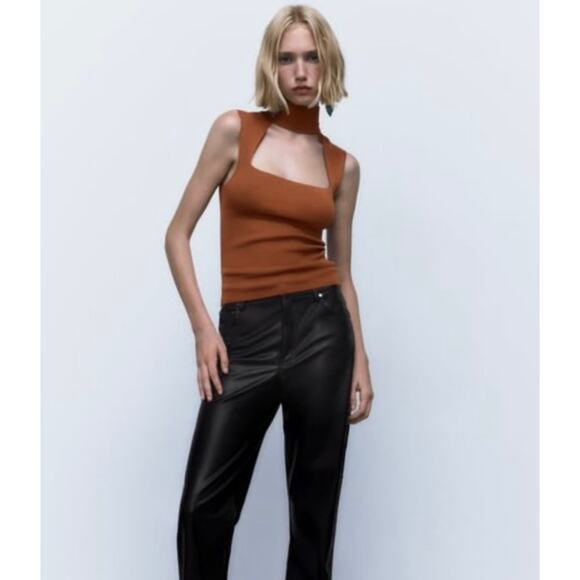 Zara Knit Choker Tank Top Rust Ribbed Fitted Small Blouse Professional Cut Out - Picture 4 of 11